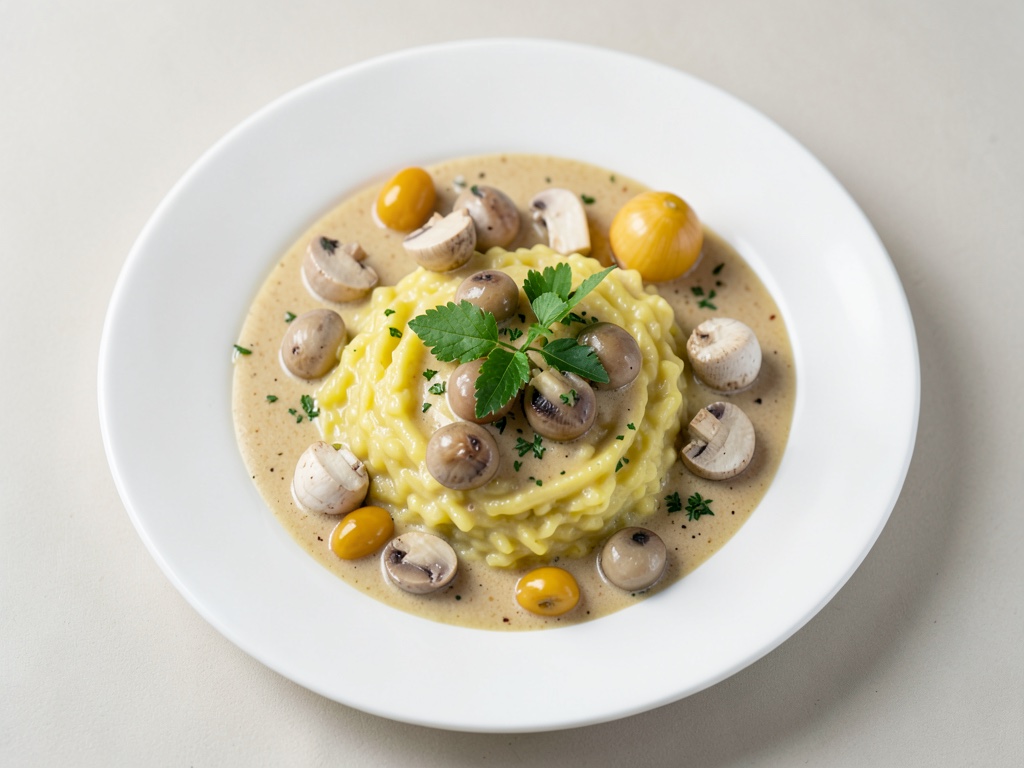 Risotto Kritharaki aux pois gourmands et champignons dans une sauce crème au raifort