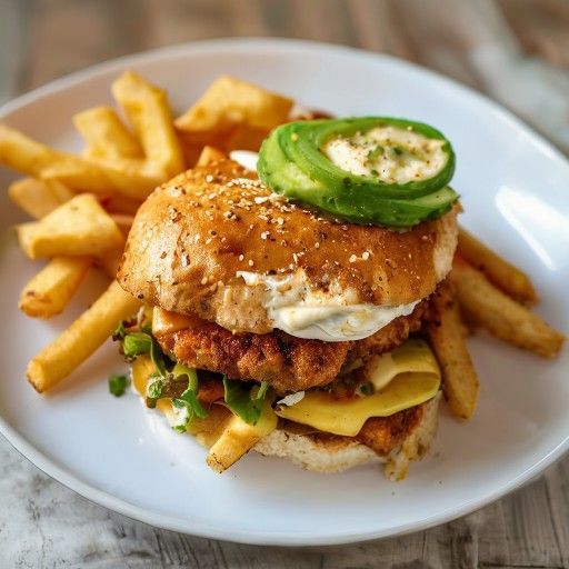 Sandwich croccante di pollo con dip all'avocado e patatine fritte