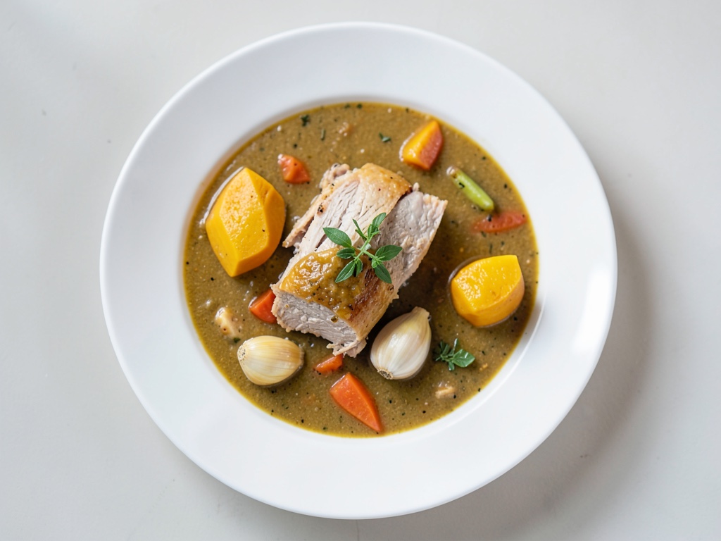 Sopa cremosa de calabaza y coco con pollo frito