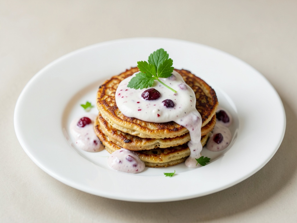 Pancakes crujientes de calabaza con salsa cremosa de yogur de soja y bayas