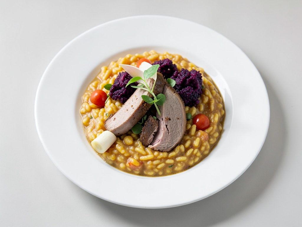 Risotto crémeux à la citrouille, filet de porc et choux de Bruxelles