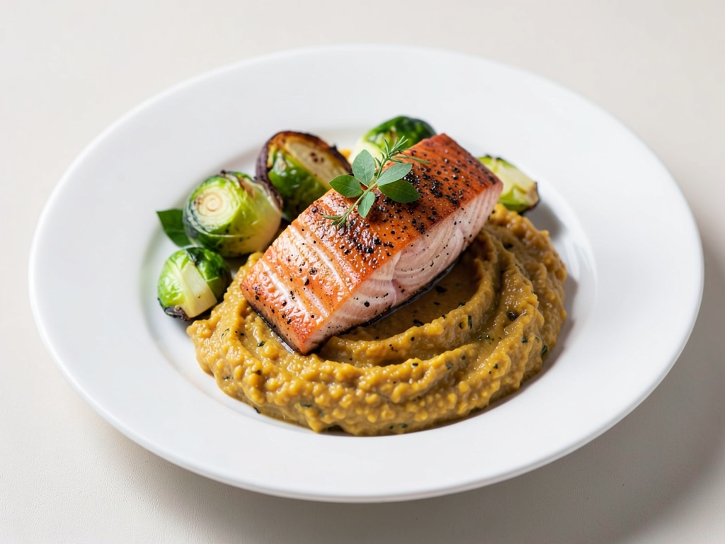 Marinated salmon on creamy pumpkin-parsnip puree with crispy Brussels sprouts