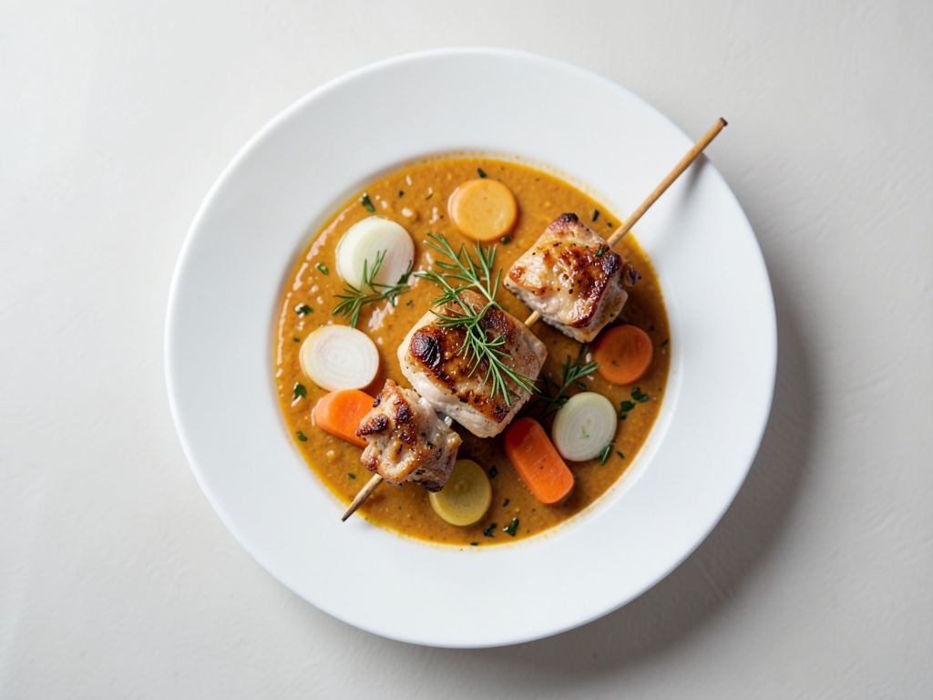 Sopa cremosa de calabaza con brochetas de pollo y mantequilla de cacahuete