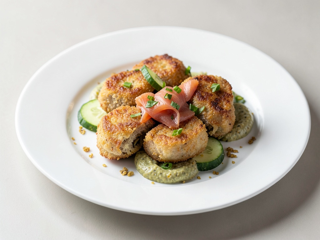 Bollos crujientes con salmón, pepino y salsa de mostaza
