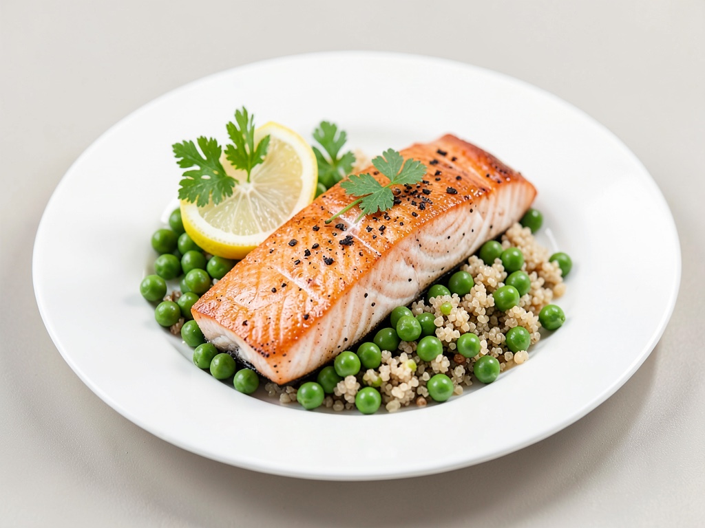 Salmone al forno con limone, piselli e quinoa
