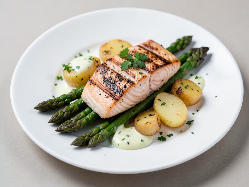 Salmone alla griglia con asparagi, patate e aioli