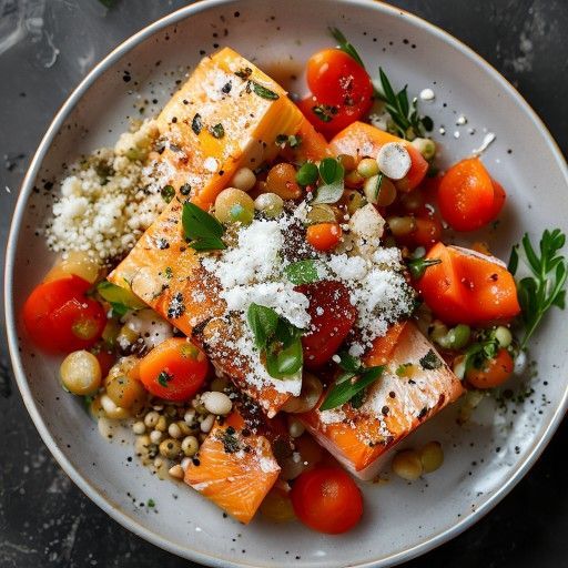 Saumon au beurre aux herbes et tomates, et haricots au parmesan