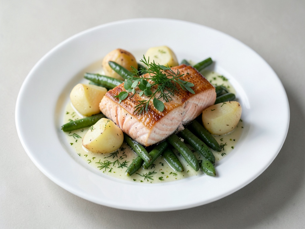 Salmone al vapore con patate, fagioli e salsa allo aneto fresco