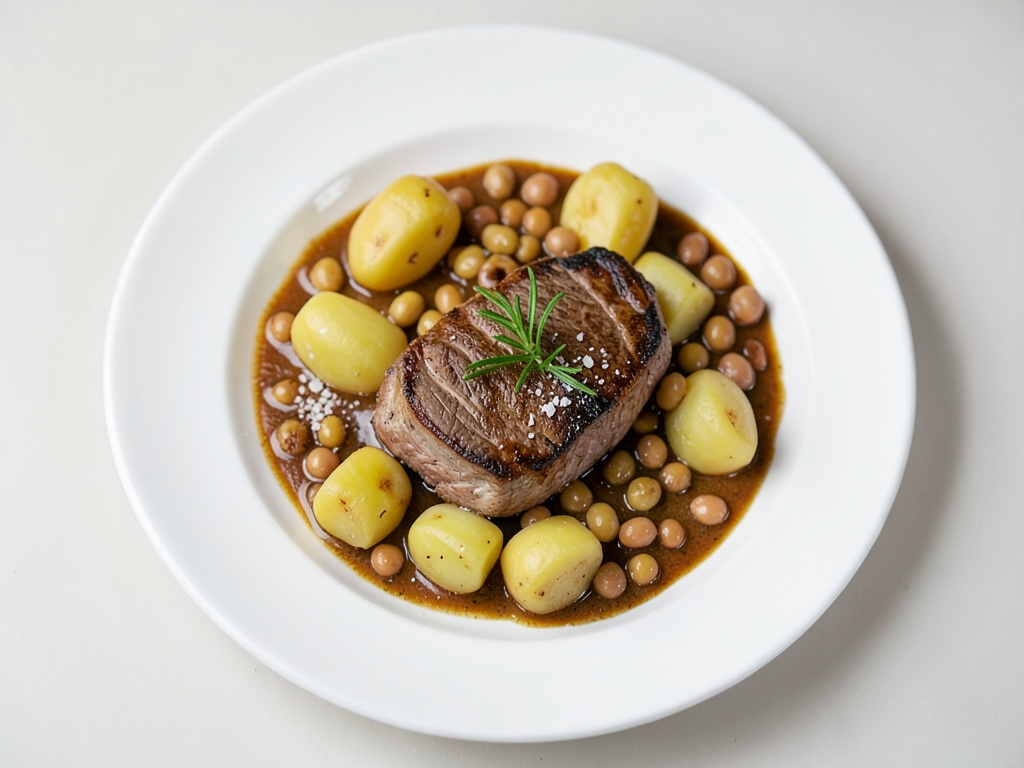 Filet d'agneau aux cosses de haricots enrobées de bacon et pommes de terre au miel dans une sauce au romarin