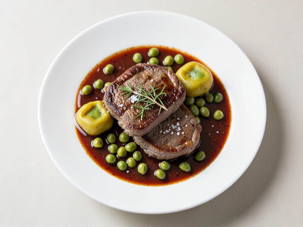 Tenero filetto di agnello con fagiolini e capeletti ripieni in salsa al vino di Borgogna