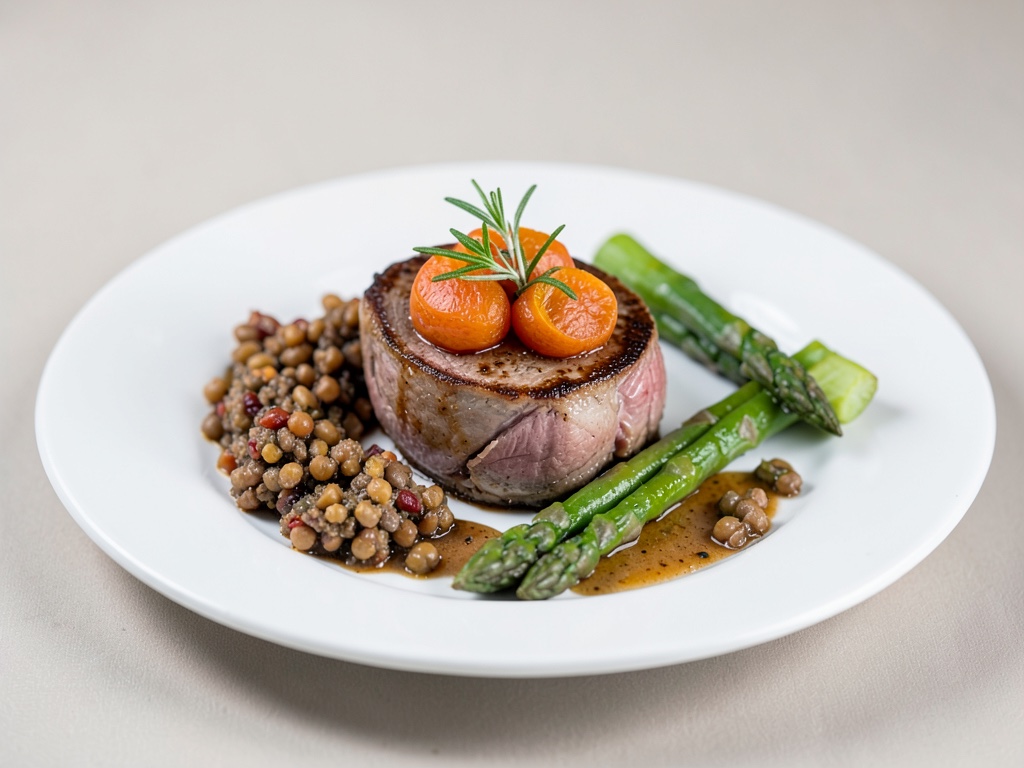 Filetto di agnello ripieno di albicocche e rosmarino, servito con tartare di lenticchie e asparagi verdi