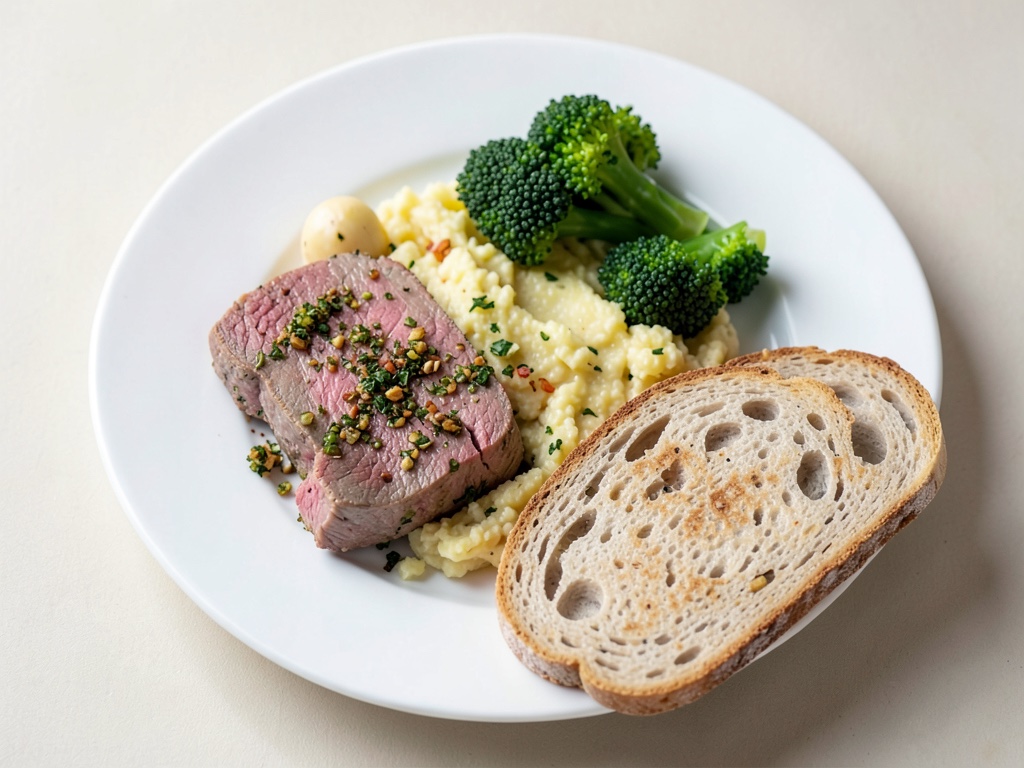 Filetto di agnello con crosta al rafano e purè di broccoli e patate