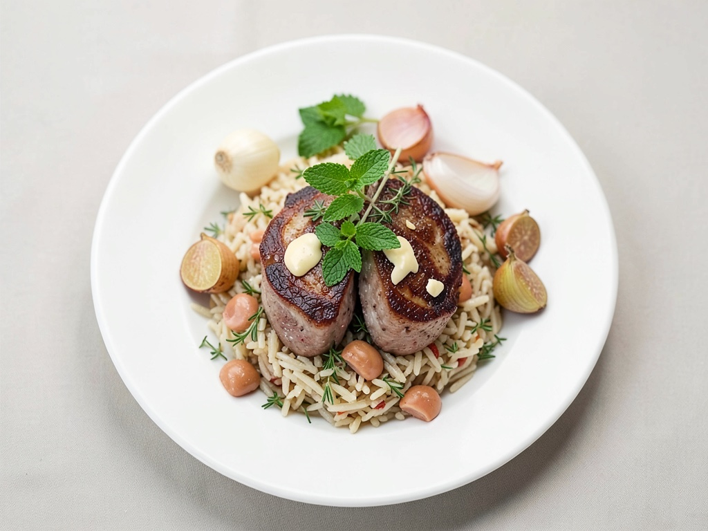 Filets d'agneau tendres au riz au menthe et aux amandes, et aux figues au thym