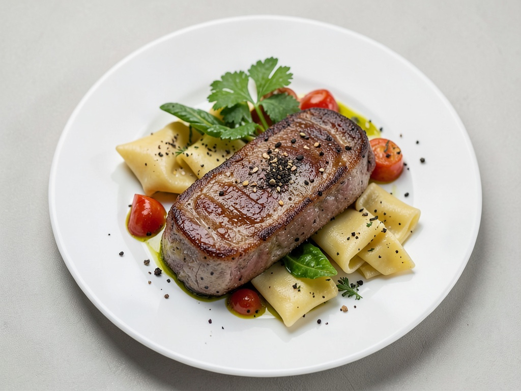 Fascianti filetti di agnello con ravioli e verdure primaverili colorate
