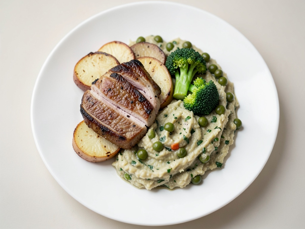 Tiernos filetes de cordero con cebollas al vino tinto y puré cremoso de patata y guisantes