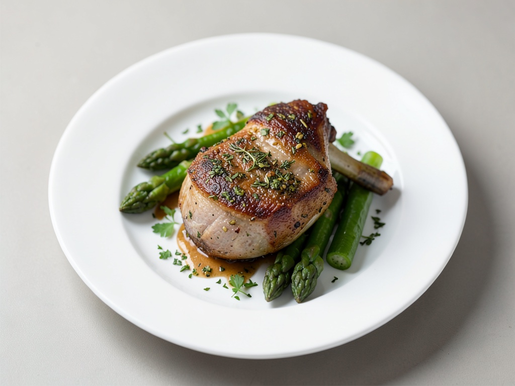 Cosciotto d'agnello croccante con crosta alle erbe e asparagi verdi