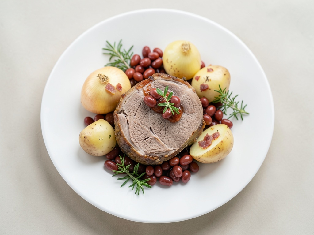 Cosciotto di agnello succoso con patate croccanti e fagiolini in crosta di pancetta
