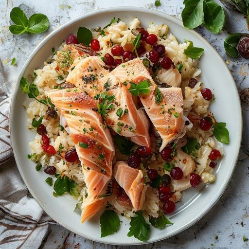 Salmone di agnello croccante su insalata di riso fresco