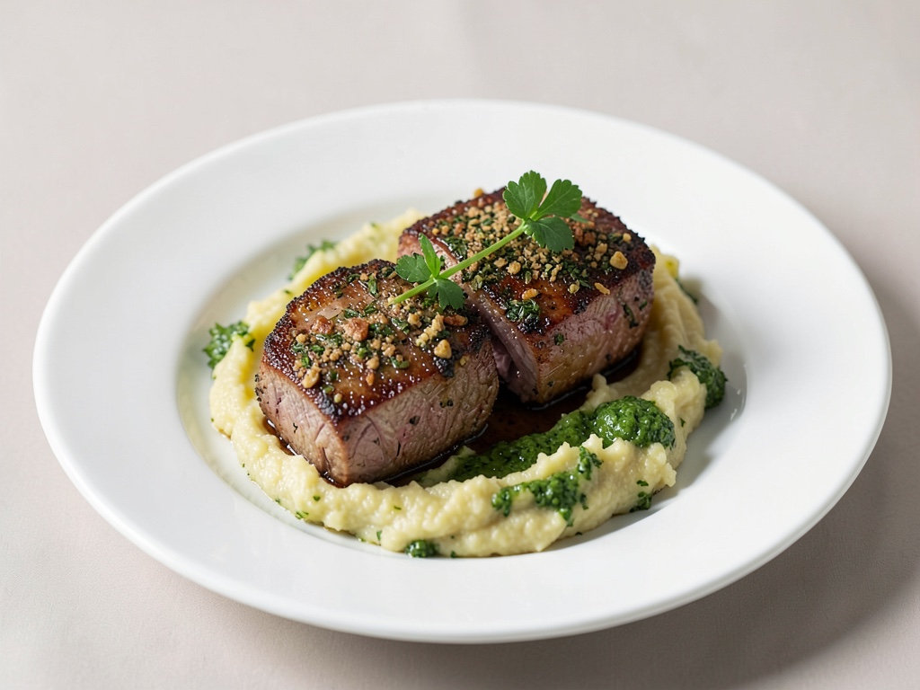 Crocchette di agnello con crosta alle erbe e purè di patate al pesto