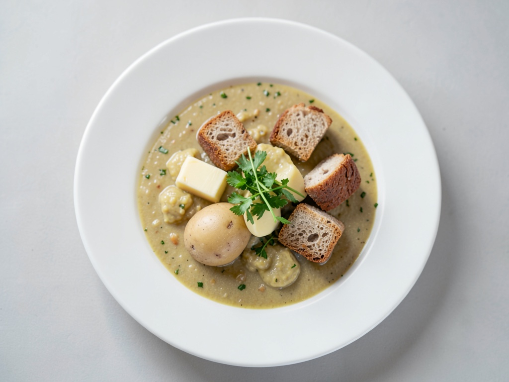 Sopa de puerro y patata con croûtons de pan