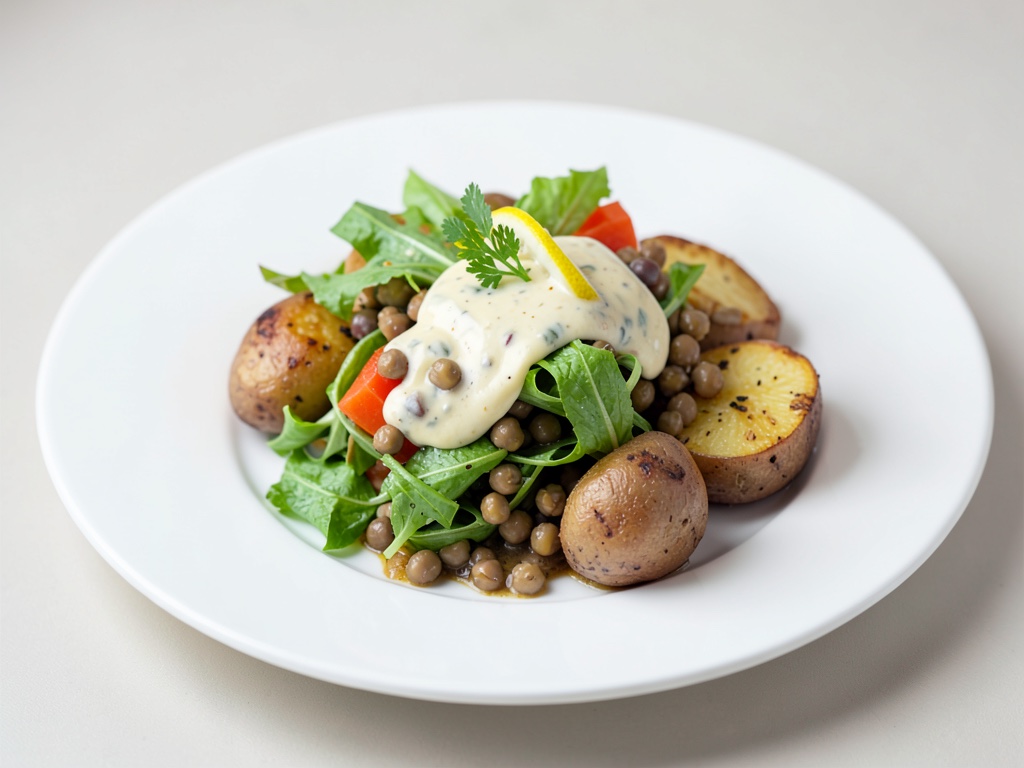 Salade printanière tiède avec pommes de terre au four, lentilles et vinaigrette citron-moutarde