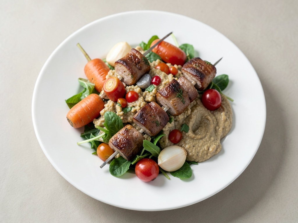 Insalata tiepida di verdure radice con spiedino di maiale e hummus