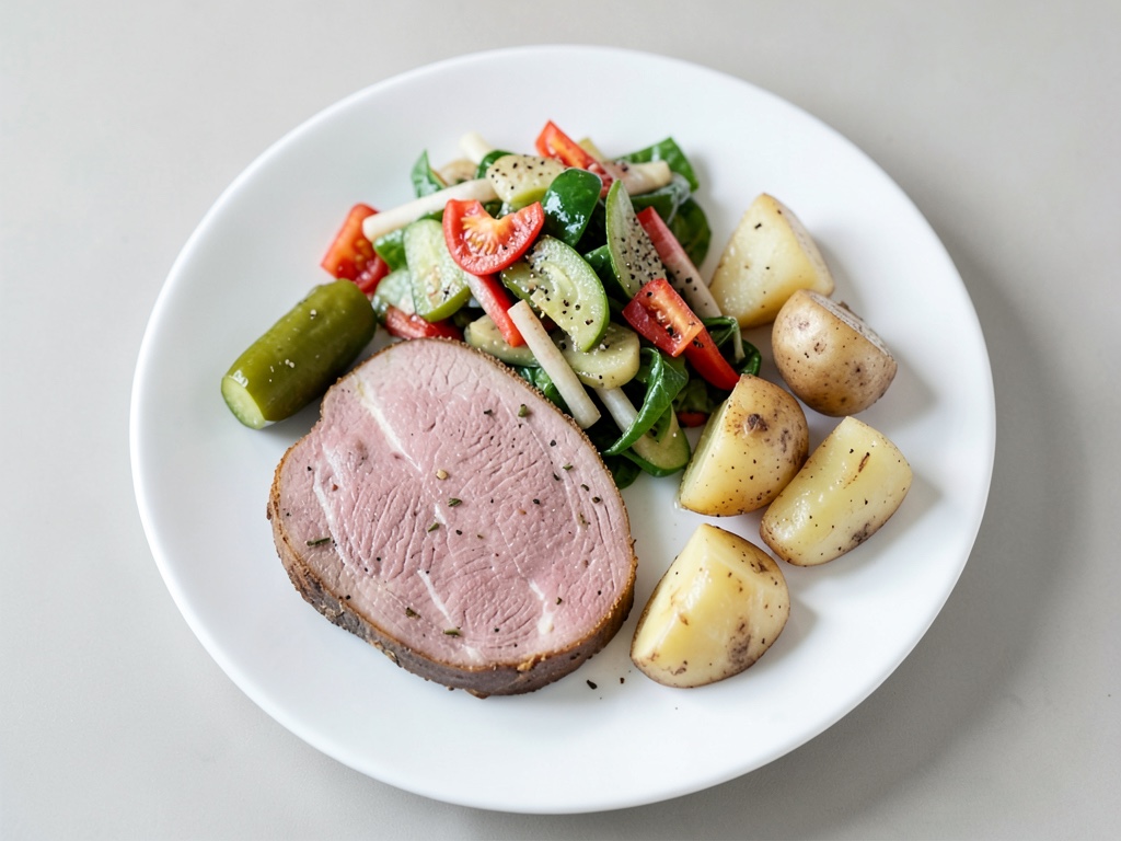 Leberkäse croccante con patate al senape e insalata di cetrioli croccante