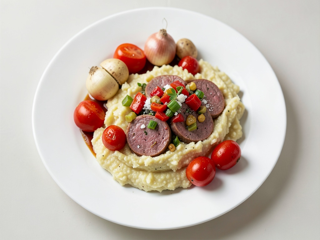 Leberkäse croccante con purè cremoso di patate e cipolle e verdure piccanti al peperoncino e senape
