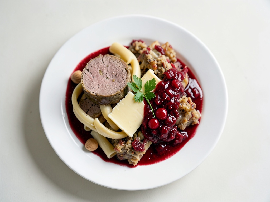 Polpettine croccanti con Leberkäse, cavolo di Bruxelles in spezie di mandorla e mirtilli rossi e salsa al senape