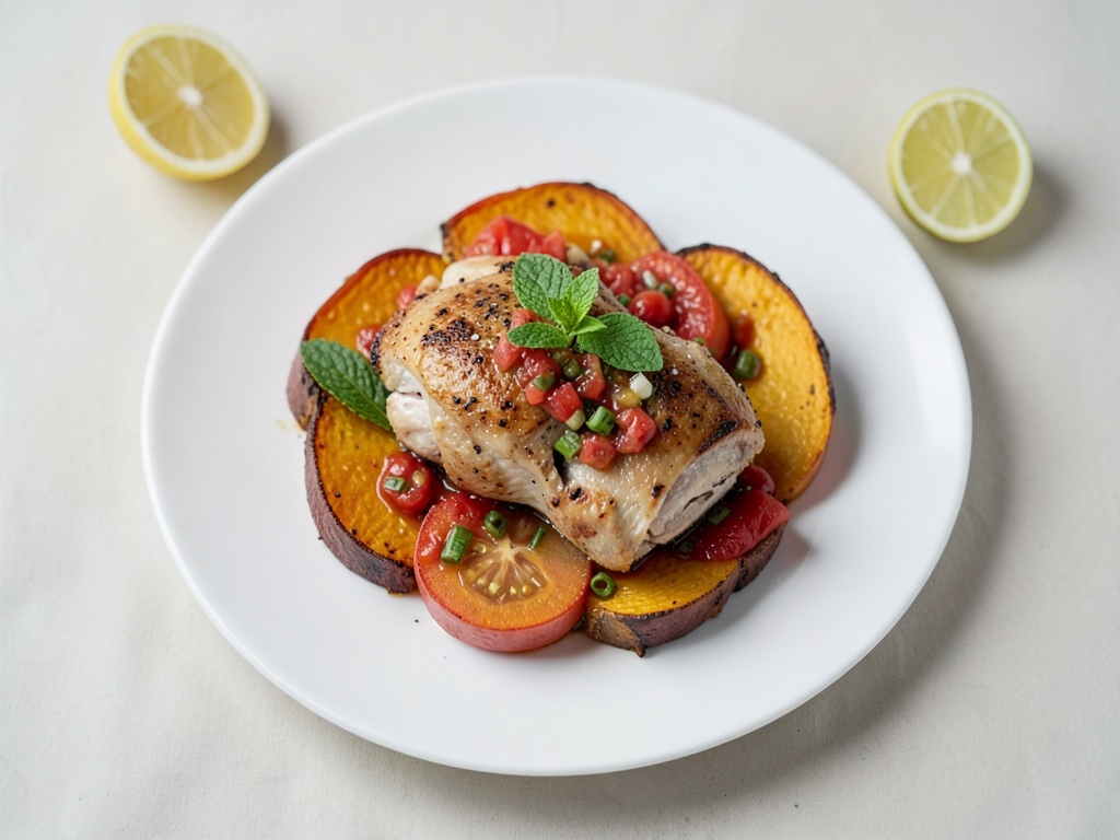 Pollo al lime su patata dolce al forno con salsa fresca di pomodoro e menta