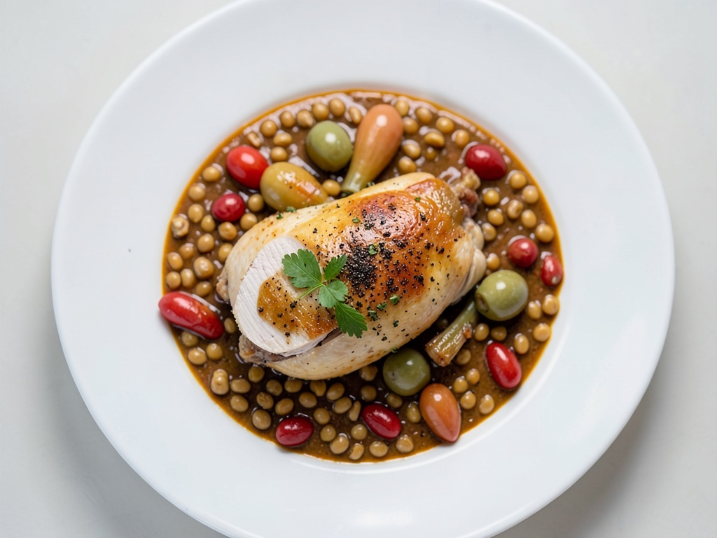 Curry di pollo e lenticchie con baccelli croccanti