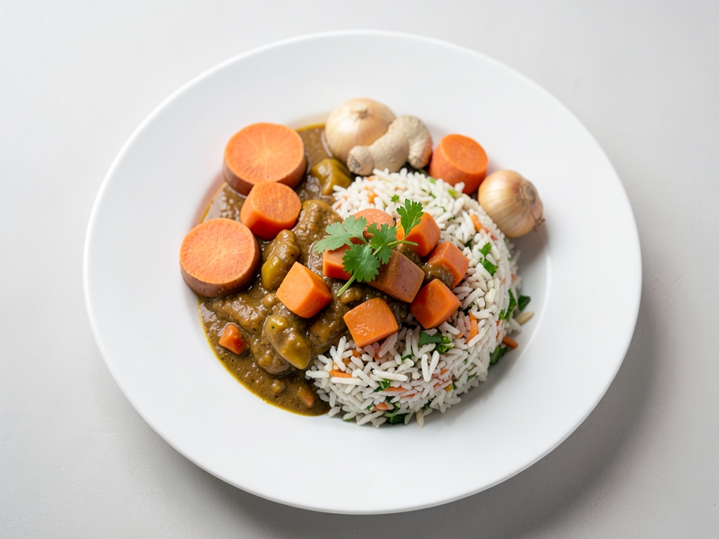 Curry di lenticchie con patate dolci e riso al coriandolo