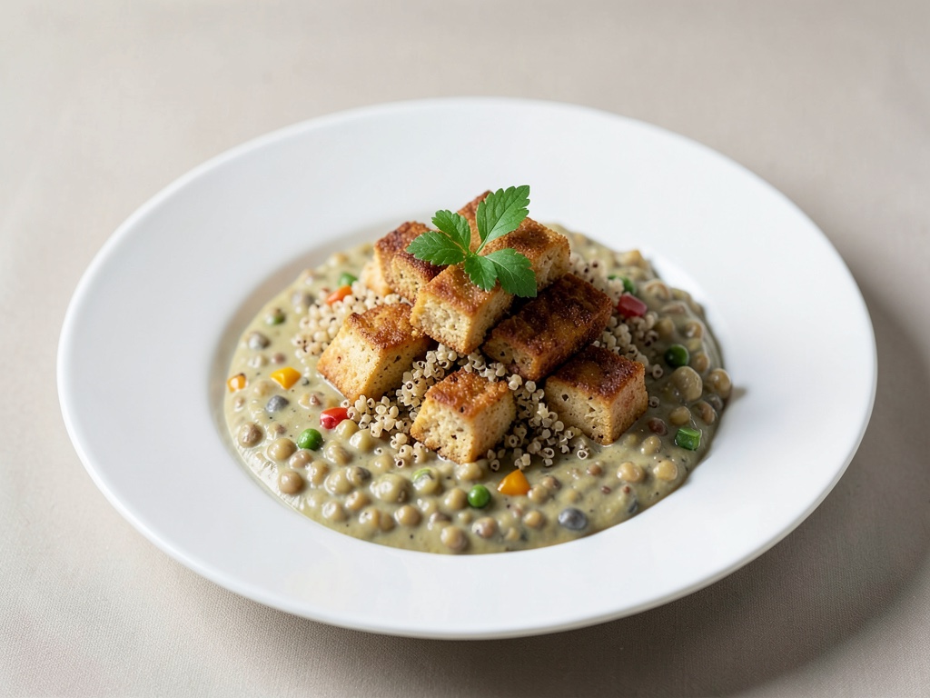 Dal di lenticchie cremoso con tofu croccante e quinoa
