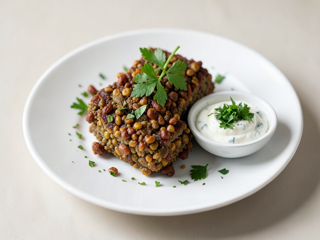 Falafels de lentilles croustillants avec dip aux herbes fraîches et yaourt de soja