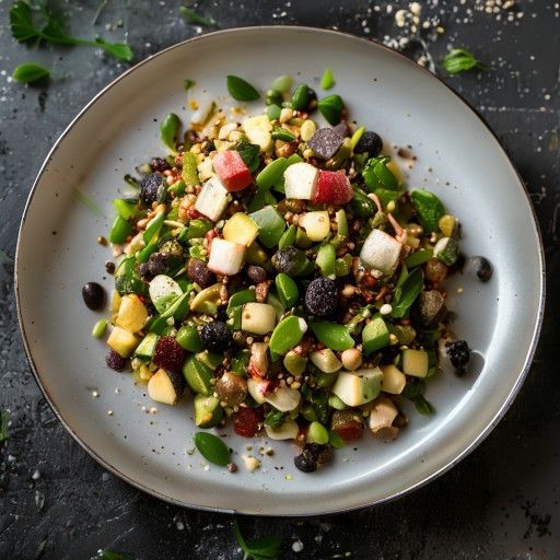 Insalata di lenticchie con verdure primaverili e croccante topping di tofu e mandorle