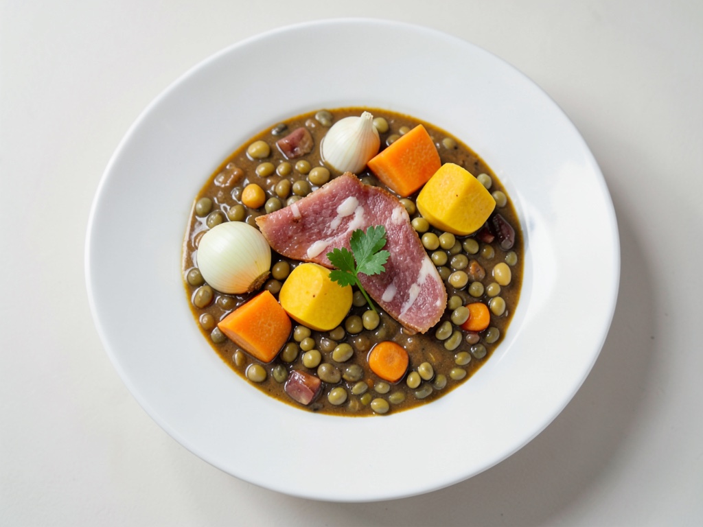 Sopa de lentejas con boniato y trozos de salchicha