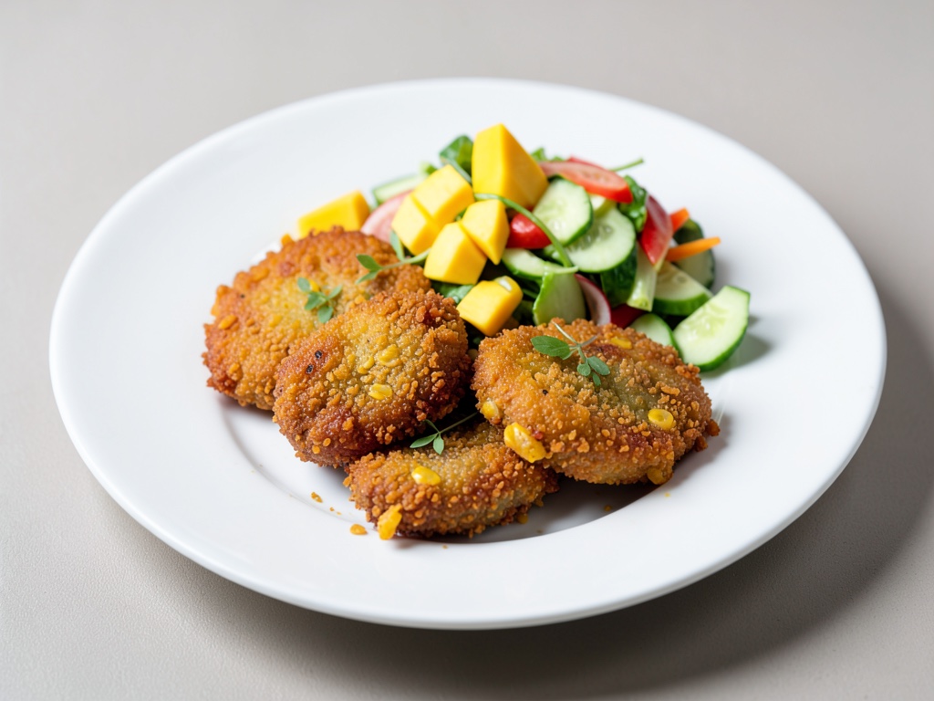 Frittelle di mais croccanti con insalata fresca di mango e cetriolo