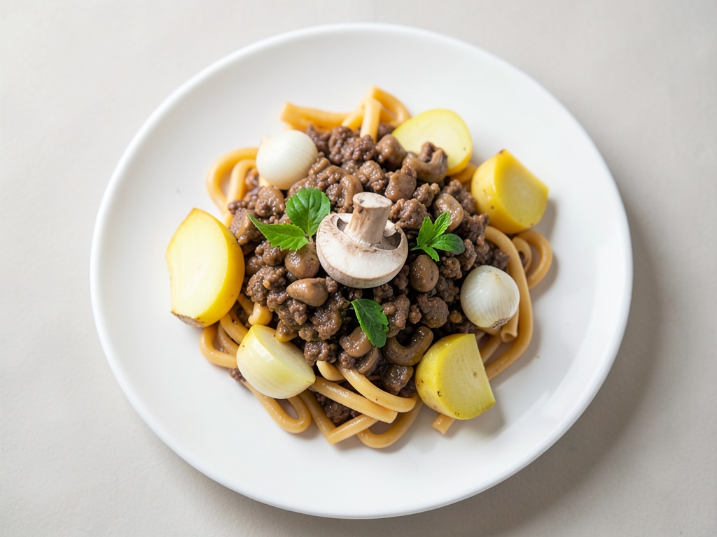 Maccheroni con ragù di carne macinata e funghi