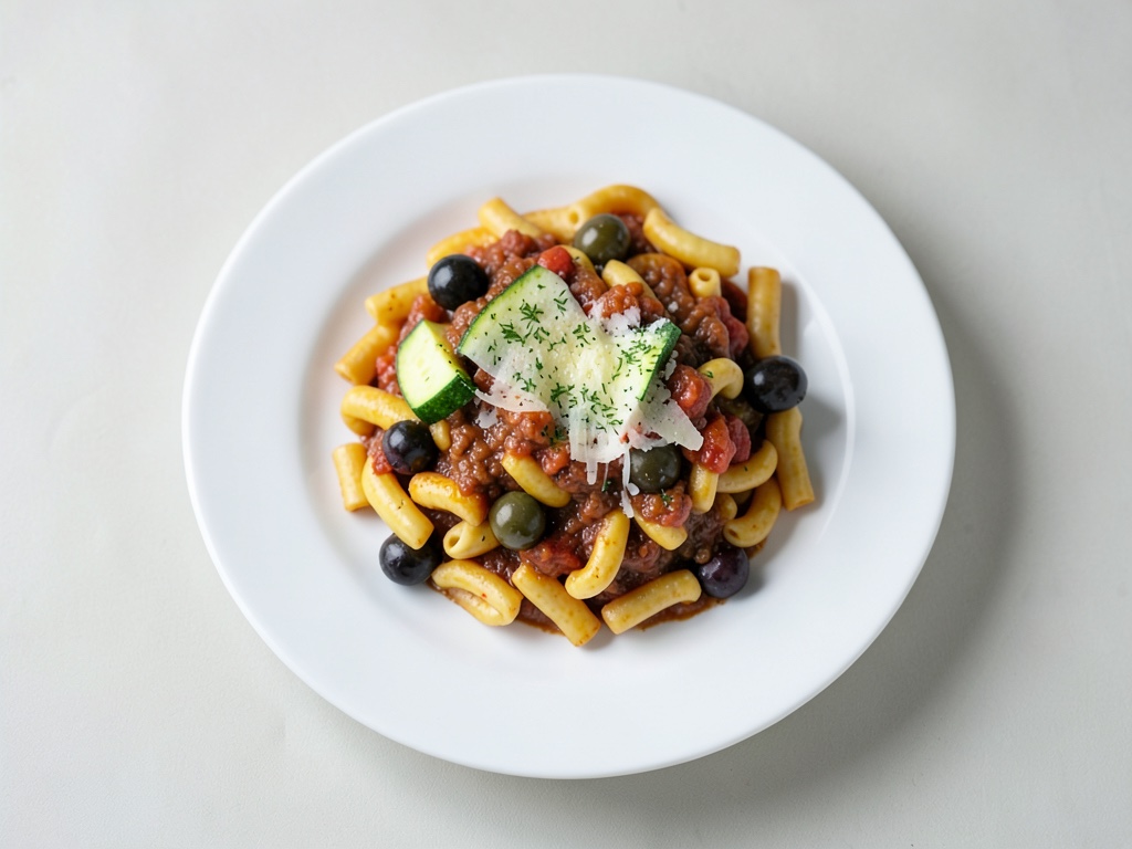 Maccheroni con salsa di pomodori e olive e parmigiano all'origano