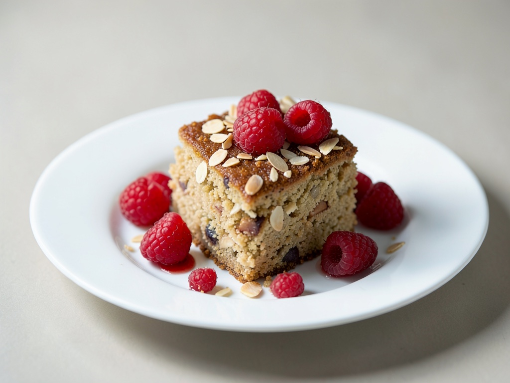 Knuspriger Mandel-Apfel-Kuchen mit frischen Himbeeren