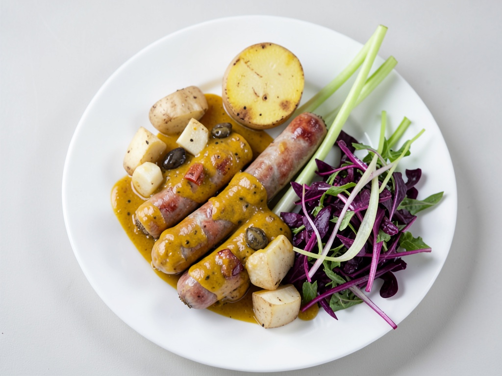 Salsiccia al curry croccante con dip di mango, patate al forno e insalata di cavolo