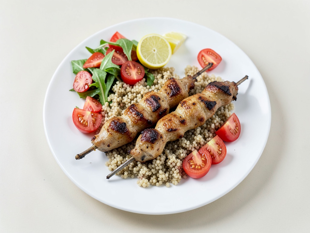 Spiedini di pollo alla griglia con couscous e insalata di pomodori fresca