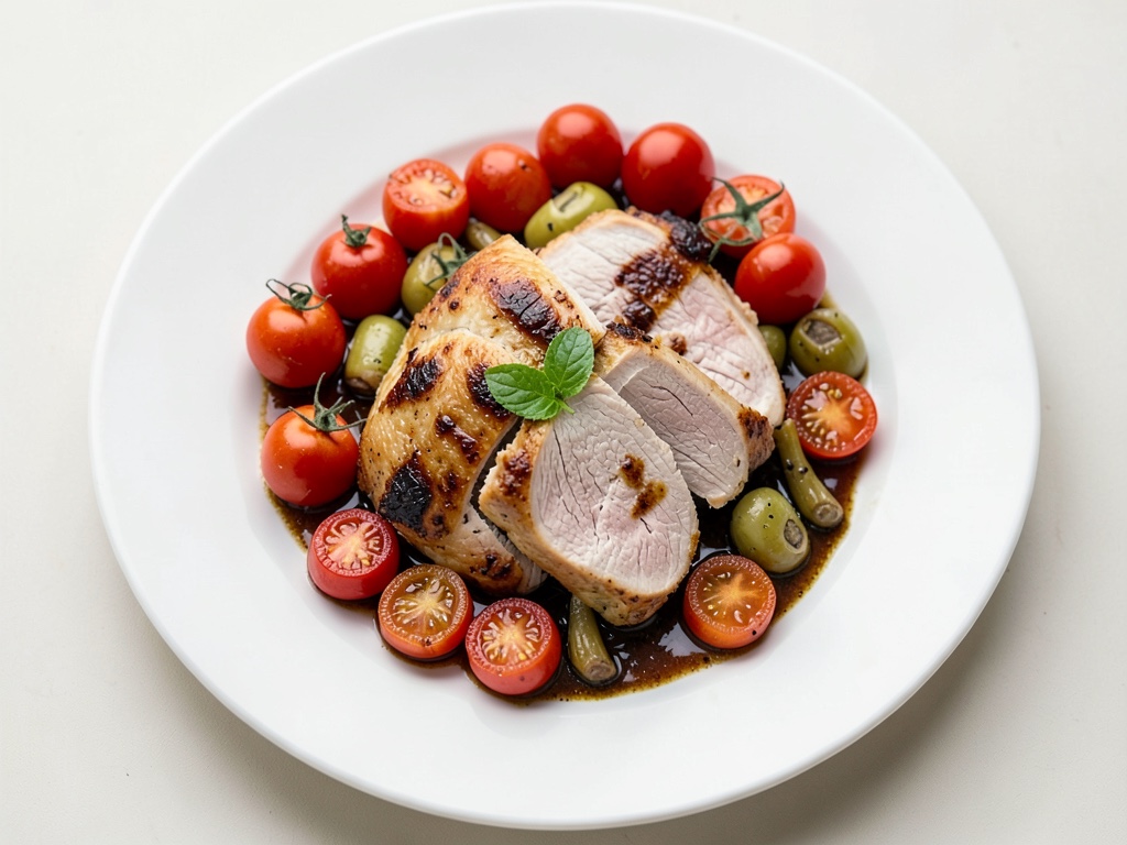 Petto di pollo in marinata al lime con pomodori al forno e pasta greca
