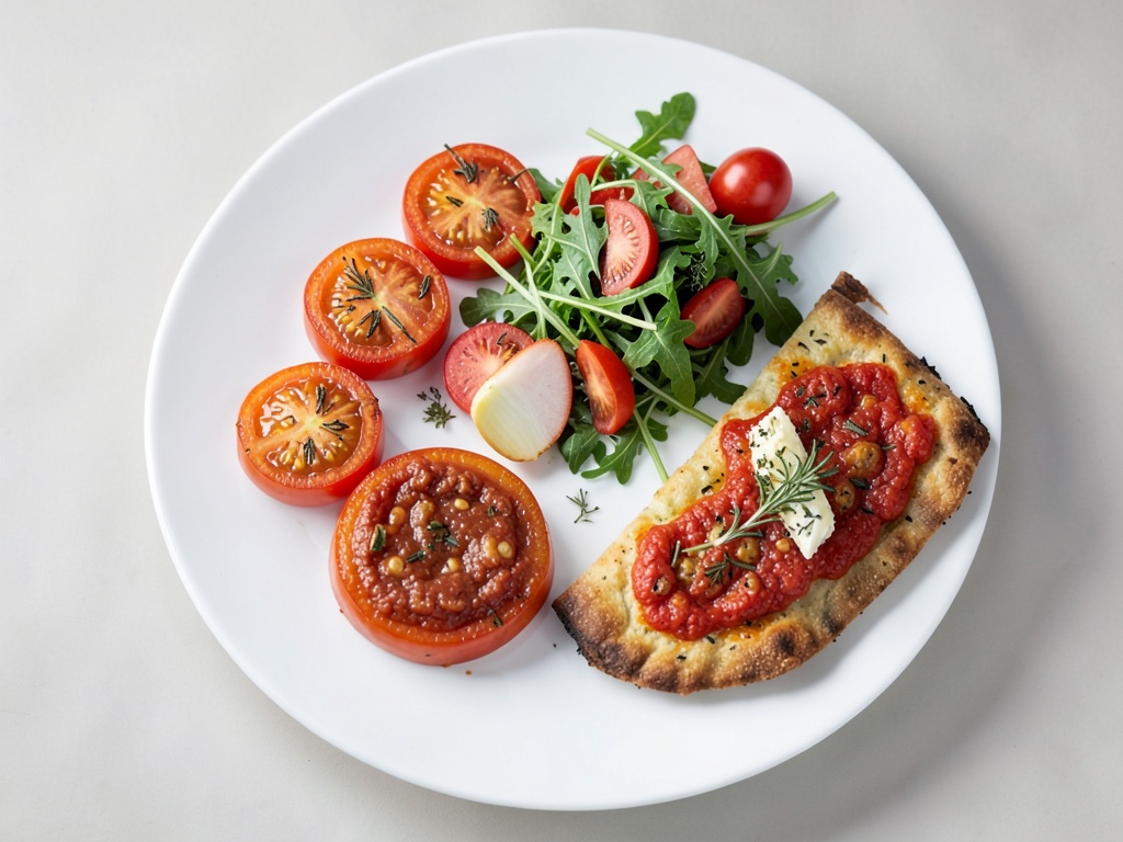 Pomodori al forno con insalata di nettarine, rucola e focaccia al rosmarino