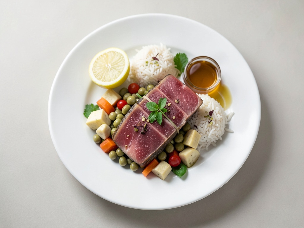 Verdure di fagioli e zenzero con riso e salmone marinato