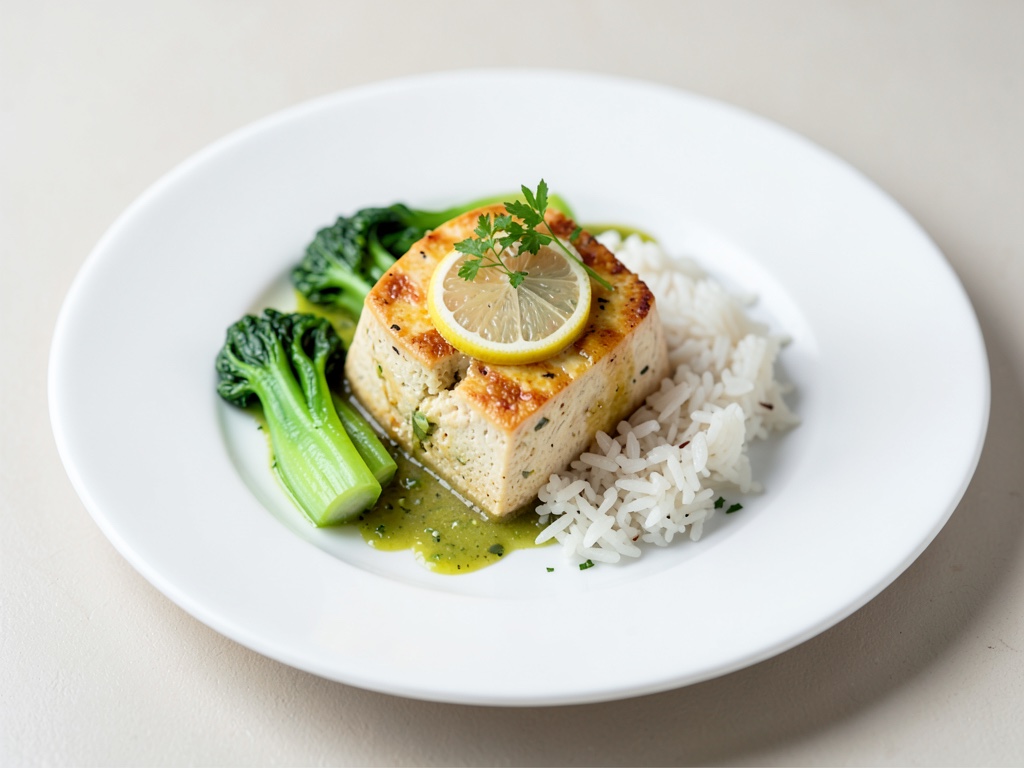 Tofu al limón con Pak Choi y arroz