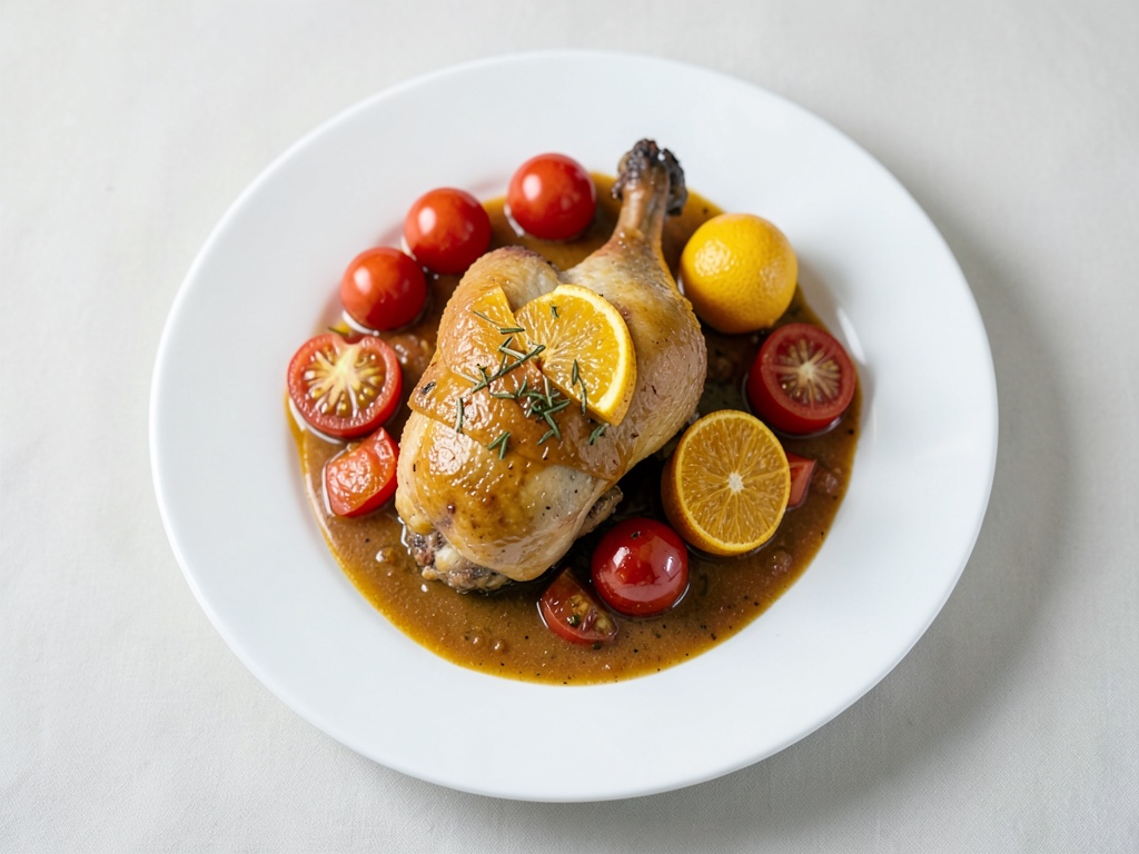 Pollo all'arancia e zenzero con pomodori stufati e riso