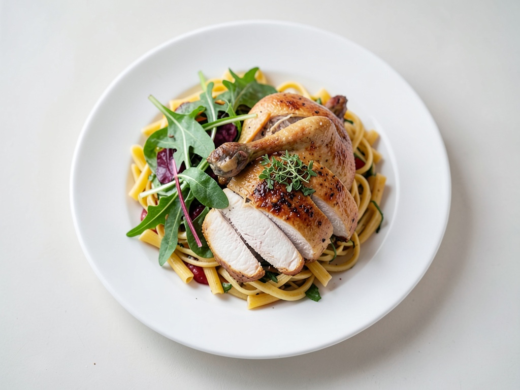 Gegrilltes Hähnchen mit mediterranem Nudelsalat und Rucola