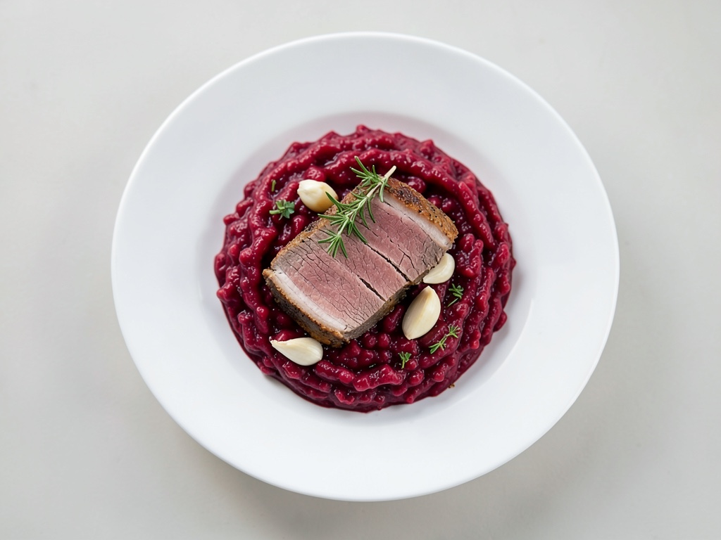 Filetto di maiale brasato con risotto di barbabietola rossa
