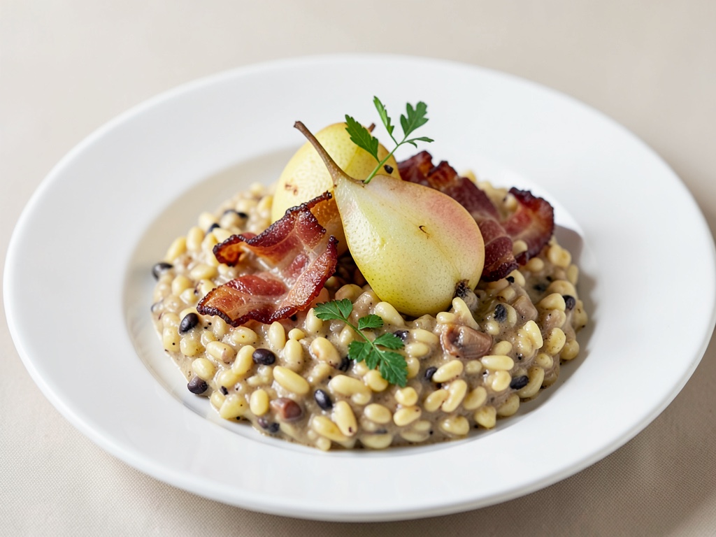 Risotto cremoso alle castagne con pancetta croccante e pera